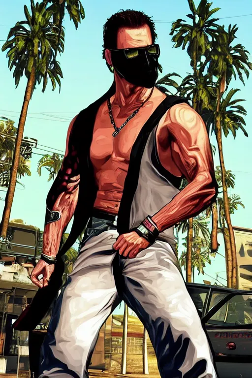 Prompt: GTA V cover art starring Mortal Kombat Character Johnny Cage, starring Johnny Cage
