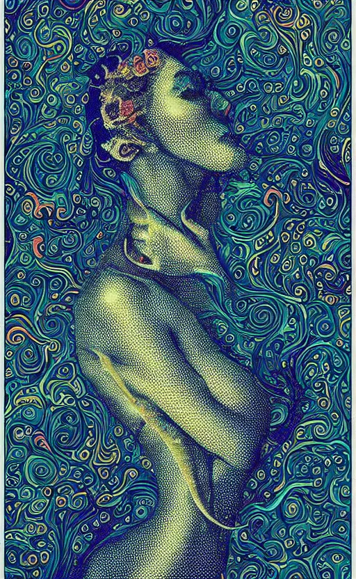 Image similar to detailed intricate amazing poster for a weird, euphonious and lamprophony beautiful woman on onlyfans in a turbulent ocean, by keith beltramini and tim white. pointillism. hypermaximalist. beautiful arabic patterns. unreal engine. trending on artstation.