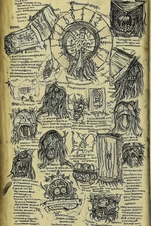 Prompt: disturbing pages from a hand drawn and written grimoire