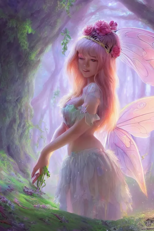 Image similar to a cute fairy in the dreamy forest, fantasy, 8 k resolution, hyper detailed, d & d, character design, digital painting, trending on artstation, sharp focus, illustration, art by artgerm, steve zheng, fuji choko, viktoria gavrilenko, hoang lap