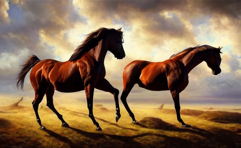 Image similar to a masterpiece oil painting of a single and proud horse. wide angle, fantasy art, alex ross, heroic lighting, very very very beautiful raytraced rendering