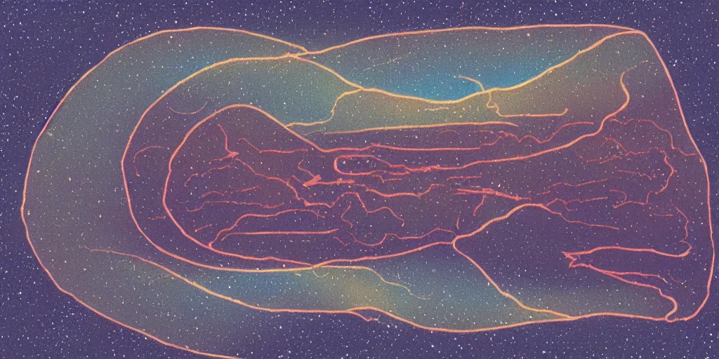 Prompt: an impossible rock formation that looks like a snake under the stars, 1940s faded risograph print, illustration, limited color palette, earthtones, double-exposure, astrophotography