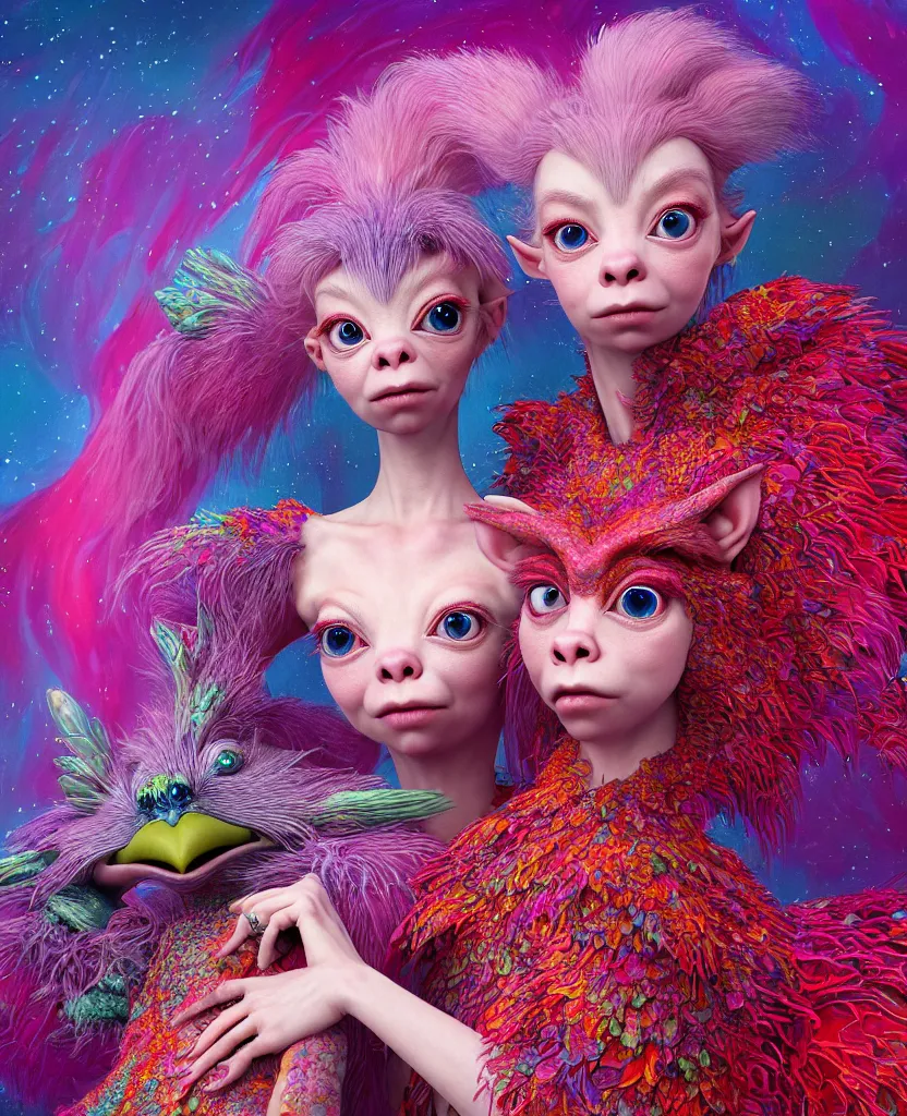 Image similar to hyper detailed 3d render like a Oil painting - kawaii portrait of two Aurora (a beautiful skeksis muppet fae princess protective playful expressive from dark crystal that looks like Anya Taylor-Joy) seen red carpet photoshoot in UVIVF posing in scaly dress to Eat of the Strangling network of yellowcake aerochrome and milky Fruit and His delicate Hands hold of gossamer polyp blossoms bring iridescent fungal flowers whose spores black the foolish stars by Jacek Yerka, Ilya Kuvshinov, Mariusz Lewandowski, Houdini algorithmic generative render, golen ratio, Abstract brush strokes, Masterpiece, Edward Hopper and James Gilleard, Zdzislaw Beksinski, Mark Ryden, Wolfgang Lettl, hints of Yayoi Kasuma and Dr. Seuss, octane render, 8k