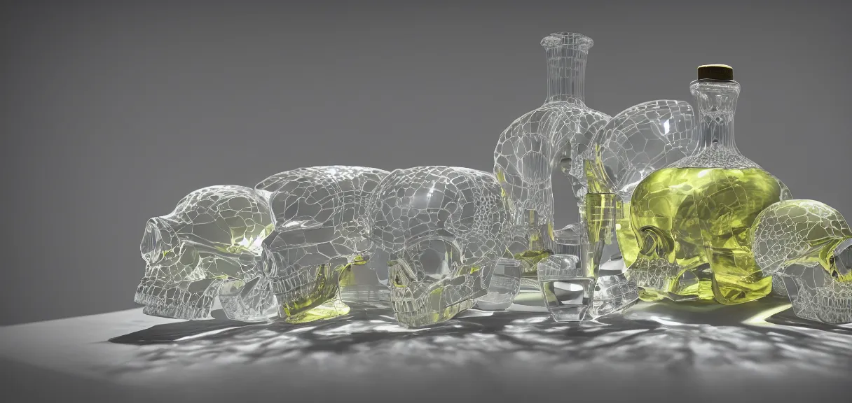 Prompt: still life of, side view, translucent, olive oil, diamond crystal, [ [ [ ten skulls ] ] ], octane, chroma, 3 d, excessively - dimensional, 8 k, polygon, crepuscular rays, electric arc, volumetric light, ray tracing global illumination, transparent, ray tracing reflections, chromatic aberration,