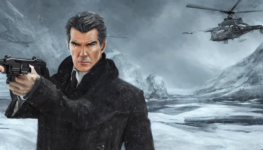 Image similar to concept art of the next james bond film featuring an older pierce brosnan in the style of cedric peyravernay, snowy landscapes, extremely detailed