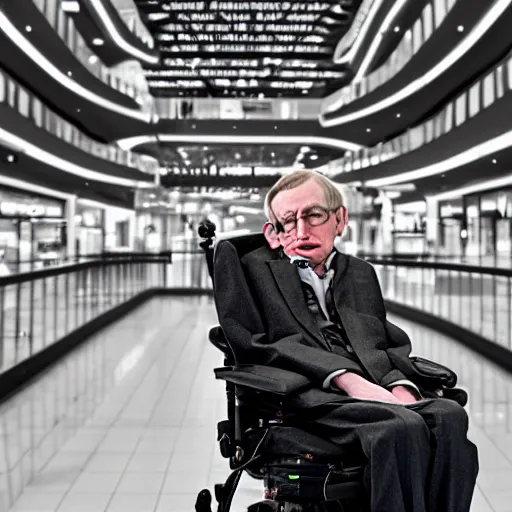 Prompt: Stephen Hawking getting lost in the mall, photography, high resolution 8k,