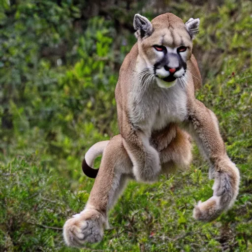 Image similar to trail cam of a mountain lion dancing with a monkey