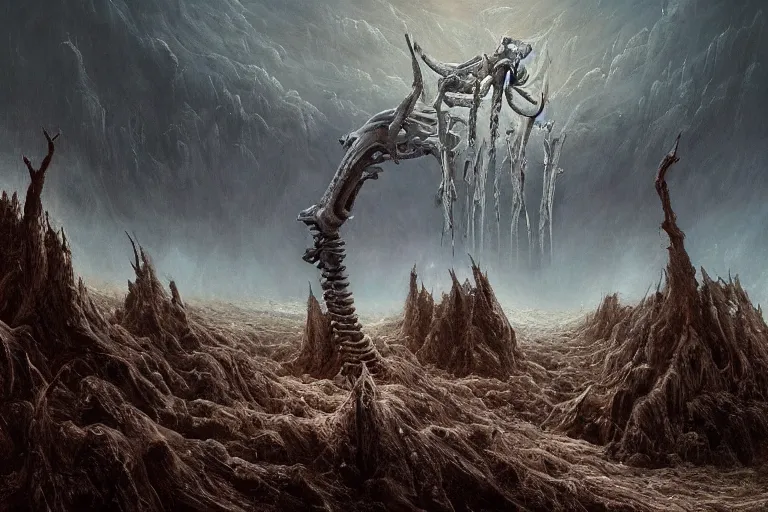 Image similar to prophecy, amazing concept painting by Jessica Rossier and HR giger and Beksinski, the middle of a valley, it was full of bones, bones that were very dry, there was a noise, a rattling sound, and the bones came together, bone to bone , I looked, and tendons and flesh appeared on them and skin covered them, but there was no breath in them and breath entered them, they came to life and stood up on their feet a vast army