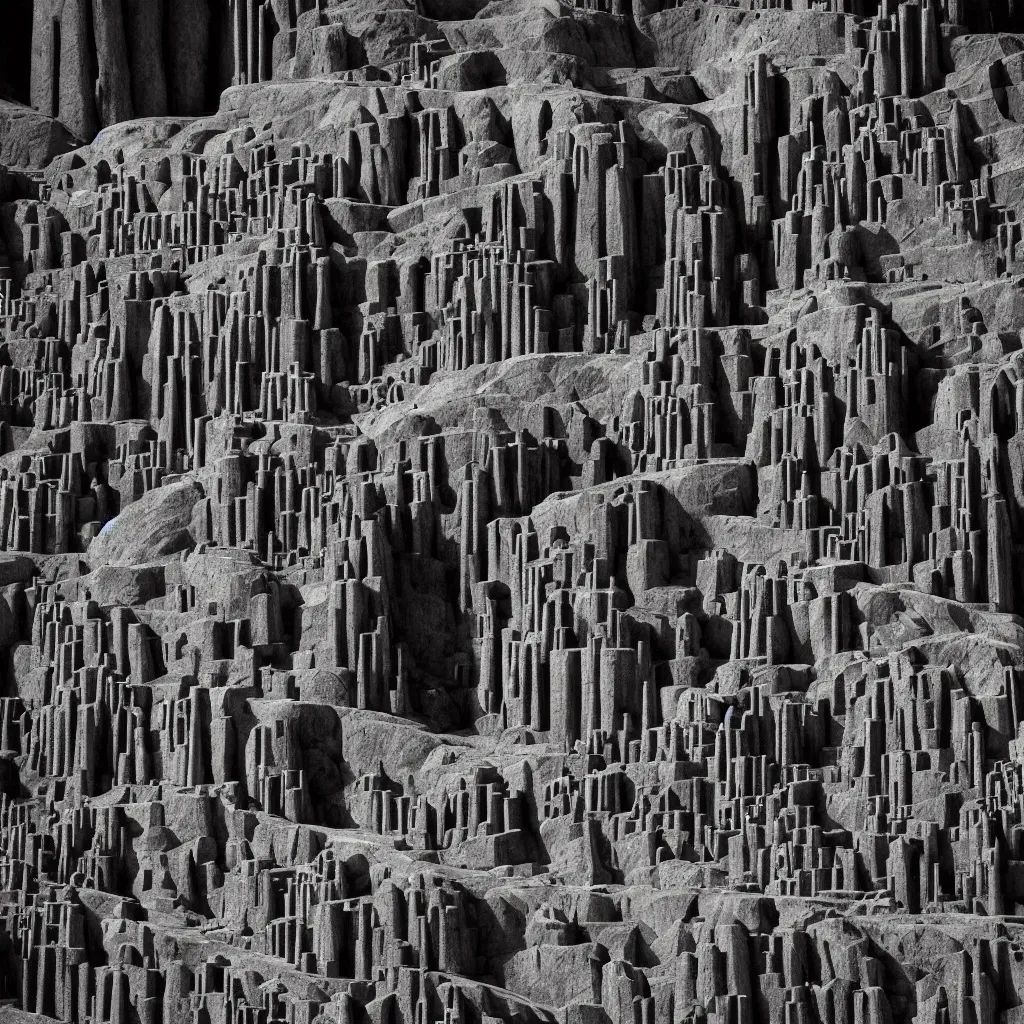 Image similar to the mines of moria. dwarven architecture carved out of the interior of a mountain. light from rivers of molten iron. immense open cavern with many levels of walkways spanning the void, stairs. drums in the deep. kingdom of dwarves. statues, geometric knot carvings, squared basalt support columns, photorealistic, 8 k