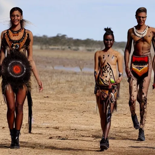 Image similar to a modern day fashion catwalk of an australian aborigine