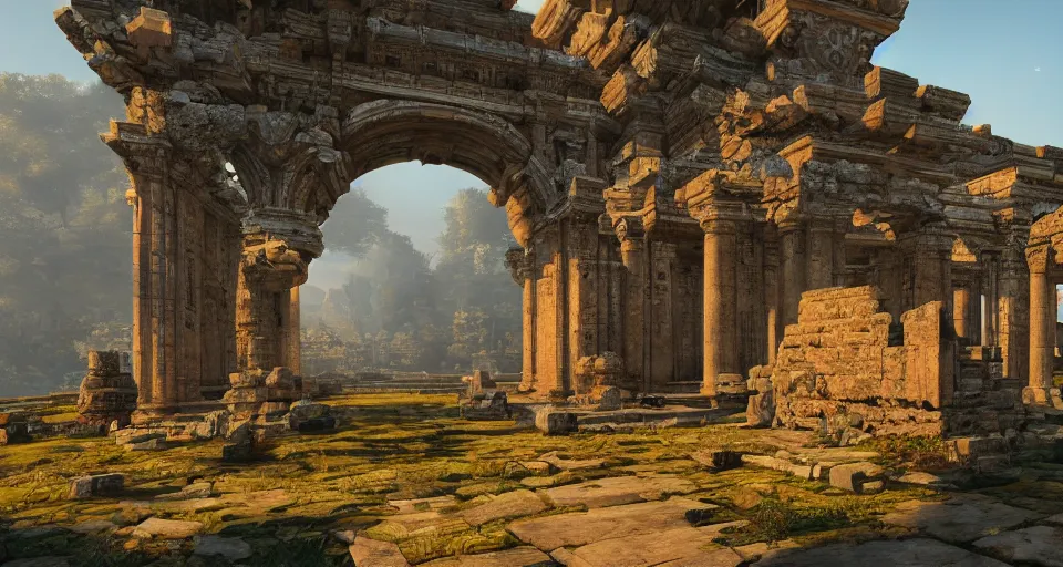 Image similar to Ancient temple ruins, hyperdetailed, artstation, cgsociety, golden hour 8k