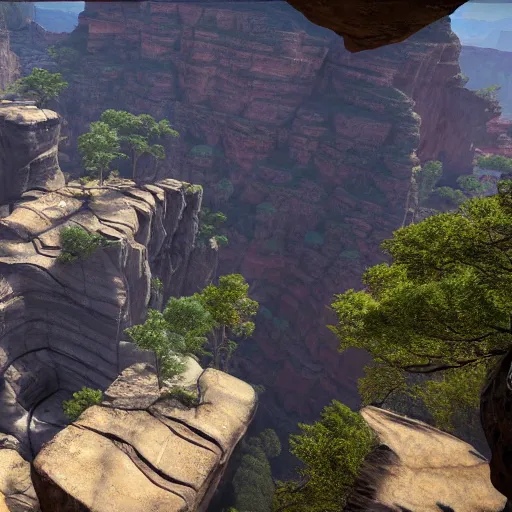 Image similar to canyon in between mountains, unreal engine, high detail, realism, award winning, detailed lighting