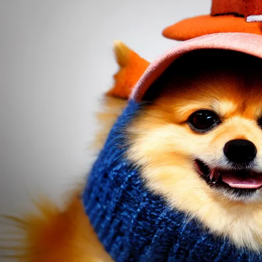 Image similar to close - up of a pomeranian wearing a a hat that reads women want me fish fear me, high resolution photo