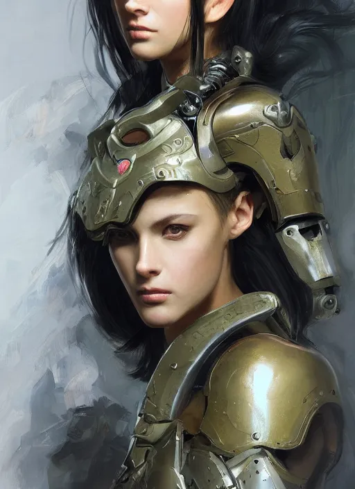 Image similar to a professional painting of a beautiful young female, clothed in military armor, olive skin, long dark hair, beautiful bone structure, symmetrical facial features, intricate, elegant, digital painting, concept art, smooth, sharp focus, illustration, from Metal Gear, by Ruan Jia and Mandy Jurgens and Artgerm and William-Adolphe Bouguerea