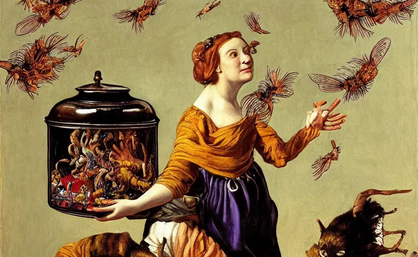 Prompt: a painting of pandora opening her jar, releasing monsters and critters that impersonate sickness and death, misery, she is fully dressed, in the style of realism and a masterpiece by artemisia gentileschi, critters flying around