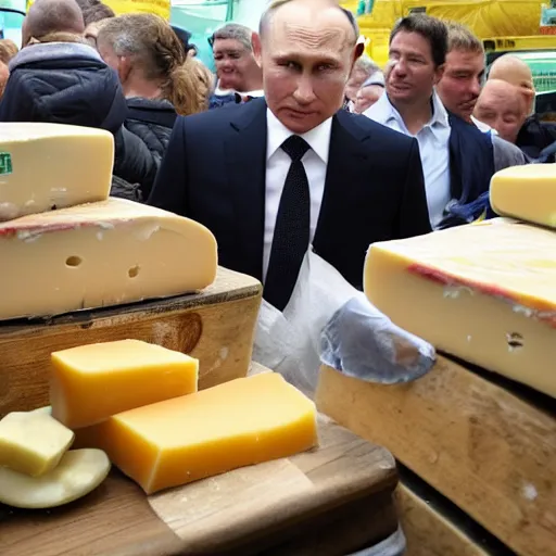 Image similar to close up of vladimir putin visiting a cheese market