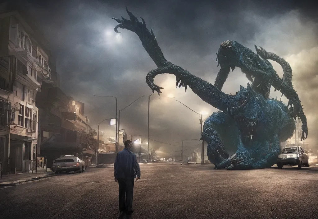 Image similar to vfx color film, huge monster creature by aaron sims, in residential street, low - key lighting award winning photography arri alexa cinematography, hyper real photorealistic cinematic beautiful, atmospheric