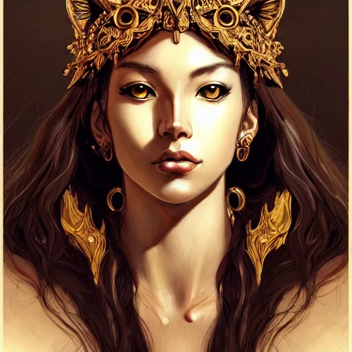 Image similar to highly detailed portrait of a majestic lioness queen in the form of a beautiful woman. d & d. art by eugene delacroix and takeshi obata. trending on artstation, intricate details, energetic composition, golden ratio, concept art, illustration, elegant art, global illuminaition