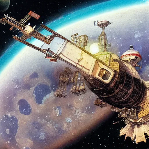 Prompt: abandoned beautiful space station floating in empty space, peter elson, chris foss, john berkey, tony roberts, jim burns, don davis