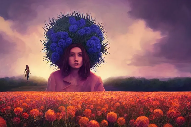 Image similar to giant thistle flower under head, a girl in a suit in field of flowers, surreal photography, sunrise, blue sky, dramatic light, impressionist painting, digital painting, artstation, simon stalenhag