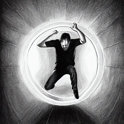 Image similar to a hyper realistic black and white pencil drawing of a man jumping through a mysterious portal