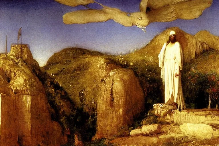 Prompt: the personified spirit of the wisdom of solomon above his temple garden, landscape by bocklin