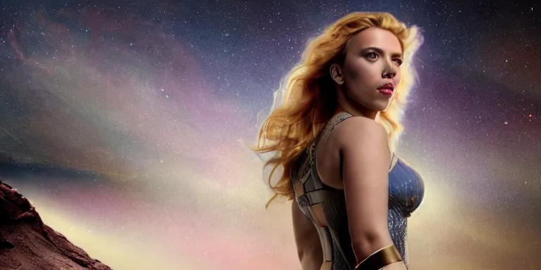 Image similar to film still of unrealistically curvy scarlett johansson, focus on facial - detail!!!!!!, walking on the bifrost, toward an endless abyss in space, wearing a flowy bikini inspired by ancient roman clothing, beautiful astronomical background with galaxies and nebulas, lack of sunlight, 8 k resolution, cinematic lighting, anatomically correct, by christopher nolan