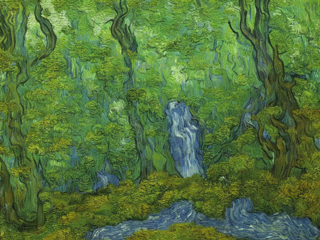 Prompt: a waterfall in a forest full of mossy stones, oil painting, van gogh, outstandingly beautiful