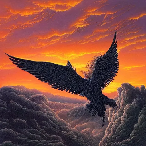 Image similar to a griffon unfurling its wings at sunset by michael whelan and james gurney