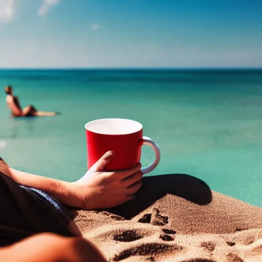 Prompt: person holding a mug while relaxing on a beach tropics