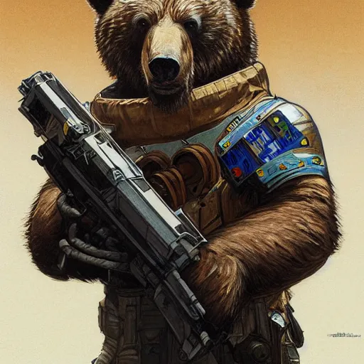 Image similar to detailed science - fiction character portrait of a grizzly bear shooting a machine gun in space, intricate, wild, highly detailed, digital painting, artstation, concept art, smooth, sharp focus, illustration, art by artgerm and greg rutkowski and alphonse mucha