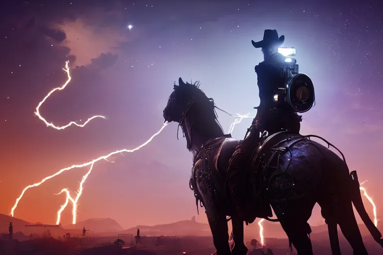 Image similar to photo from shoulder of a led cowboy, riding a led steampunk horse, carrying a big gun, on a futuristic city, cinematic lightning, ray tracing, unreal engine 5, photorealistic, 8 k, uhd, 4 k, red dead redemption 2 game concept, extremely detailed, beautiful, elegant, intricate, foggy, in - game footage