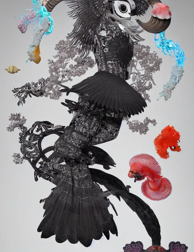 Image similar to 3 d goddess bottom - up with ram skull. beautiful intricately detailed japanese crow kitsune mask and clasical japanese kimono. betta fish, jellyfish phoenix, bio luminescent, plasma, ice, water, wind, creature, artwork by tooth wu and wlop and beeple and greg rutkowski