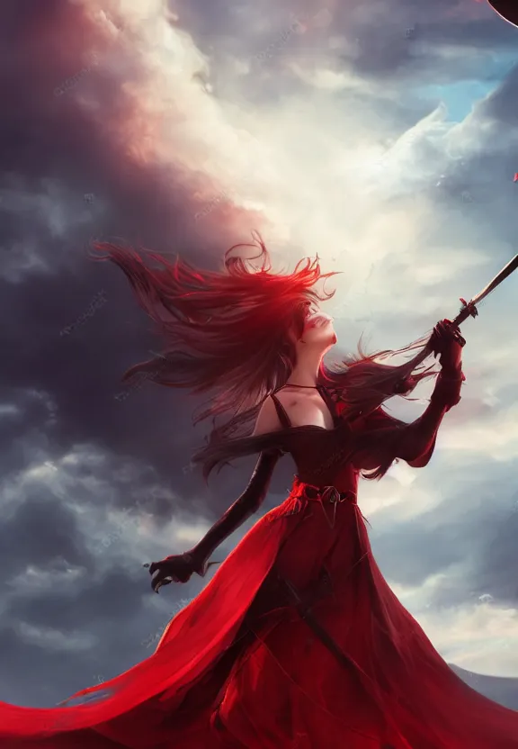 Image similar to a beautiful fierce long black haired woman wearing red dress wielding black sword posing gracefully heroically, heavenly moonlit clouds background, close up shot, artstation, extremely detailed woman, stunning volumetric lighting, hyper realism, fantasy 4k