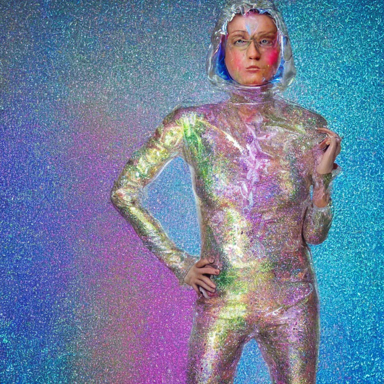 Prompt: octane render portrait by wayne barlow and carlo crivelli and glenn fabry, a woman wearing a clear plastic suit full of colorful thick fluid full of glitter, standing in front of a giant sheet of tie - dye aluminum foil, cinema 4 d, ray traced lighting, very short depth of field, bokeh