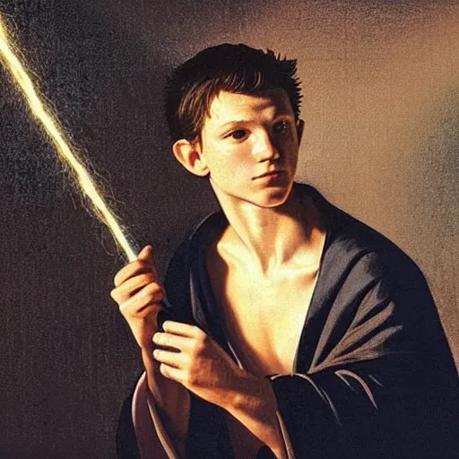 Image similar to Tom Holland wearing a black robe, holding a wand with electricity emitting from it. Painted by Caravaggio, high detail