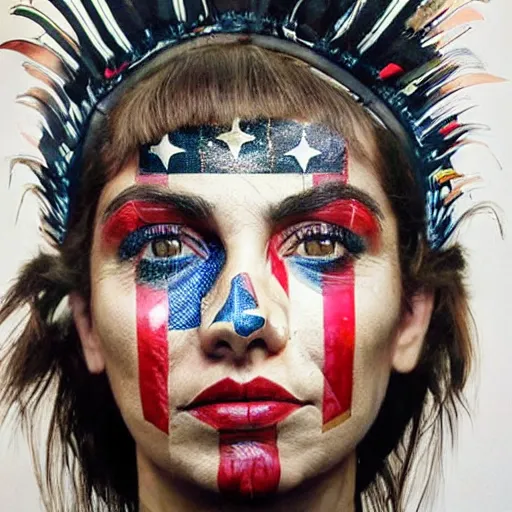 Image similar to a beautiful portrait sculpture designed by Sandra Chevrier, tribal head dress, American stars and stripes on face, by Annie Leibovitz