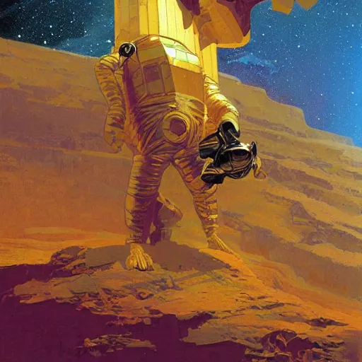 Prompt: golden astronaut in cave, digital painting by dean cornwall, rhads, john berkey, tom whalen, alex grey, alphonse mucha, donoto giancola,