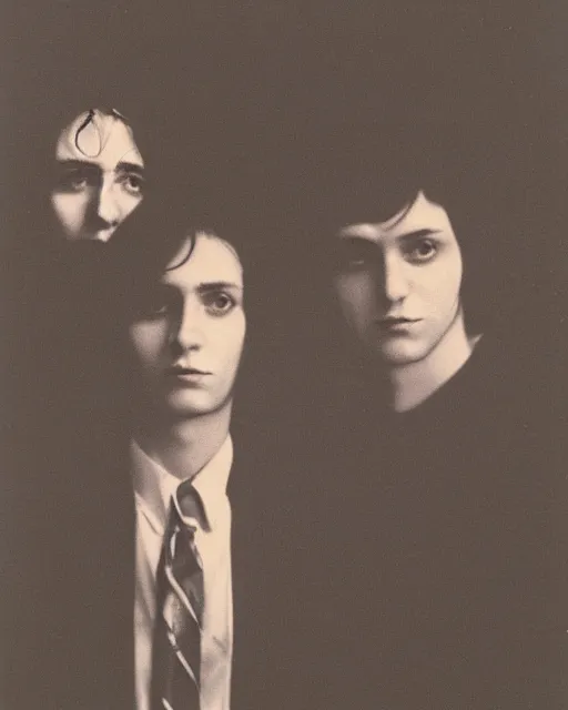 Prompt: an instant photo of two beautiful but sinister young men wearing oxford shirts in layers of fear, with haunted eyes and dark hair, 1 9 7 0 s, seventies, wallpaper, a little blood, moonlight showing injuries, delicate embellishments, painterly, offset printing technique, by brom, robert henri, walter popp