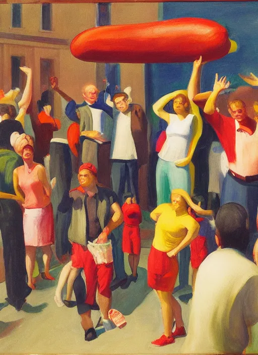 Prompt: crowd of tired citizens together carrying a giant hotdog over their heads, DSLR 35mm, by Edward Hopper