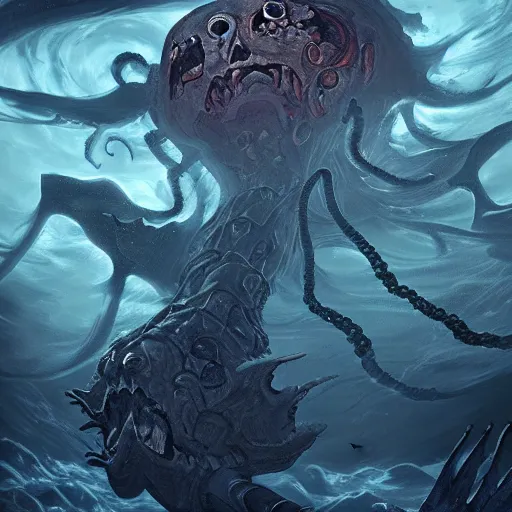 Image similar to A dead Eldritch god laying at the bottom of the ocean, Dungeons and Dragons book cover, epic art, 4K