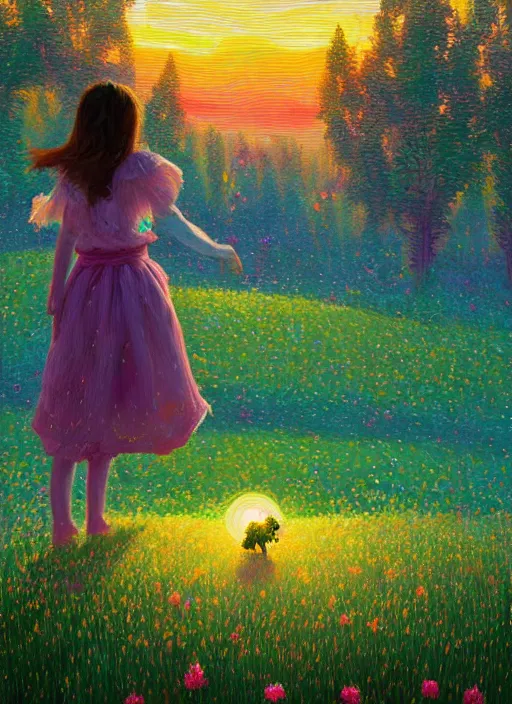 Image similar to girl with giant flower as a face and flower dress, standing in a flower field hills, big trees, sunrise dramatic light, impressionist painting, colorful clouds, digital painting, pointillism, artstation, simon stalenhag