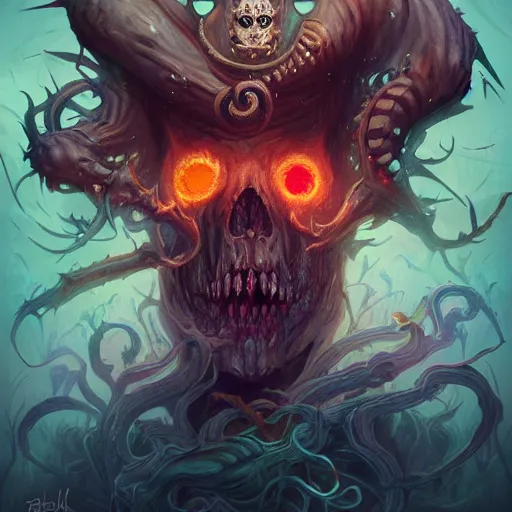 Prompt: occult of the 9 th eldritch beast, cracked eye sockets of rage, shiv in the skull, vibrant cartoon opposite of dark, 8 k, artstation, space art illustration trending on artstation, anime, dark fantasy of the unknown, eldritch horror surrealist digital art, by peter mohrbacher