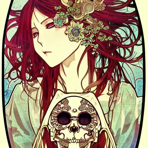 Prompt: anime manga skull portrait girl female robot cyborg mecha skeleton illustration detailed style by Alphonse Mucha pop art nouveau