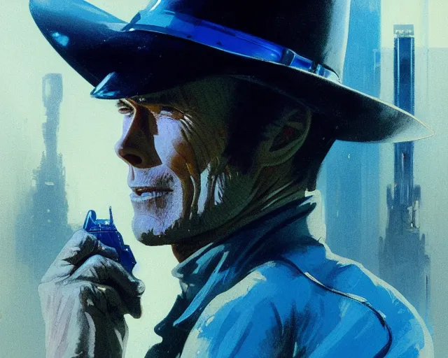 Image similar to 2 0 1 8 blade runner movie very very young clint eastwood in his youth western look at the cityscape from roof perfect face fine realistic face pretty face reflective polymer suit tight neon puffy jacket blue futuristic sci - fi elegant by denis villeneuve tom anders zorn hans dragan bibin thoma greg rutkowski ismail inceoglu illustrated sand storm alphonse mucha