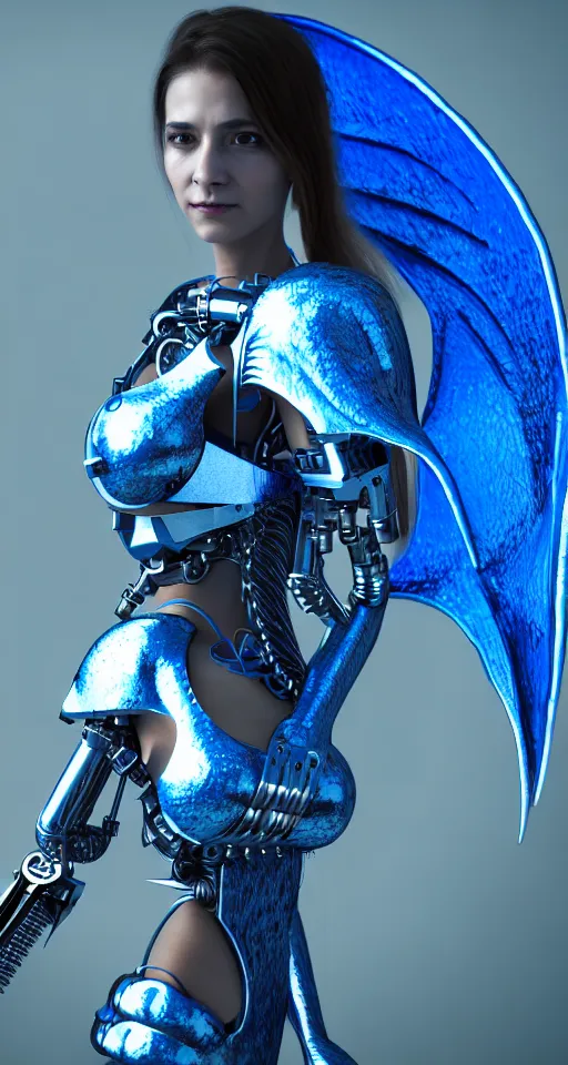 Prompt: portrait of a cyborg woman with metal wings a blue dragon scale, trending artstaition, unreal engine