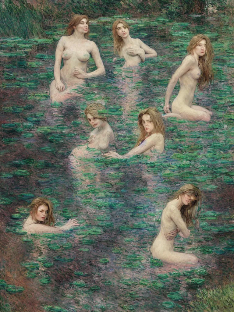 Prompt: illustration studio portrait of three dark beautiful woman bodies mermaids female energy in artistic poses in the river at the forest, monet painterly motives and textures pattern, hyper detailed, octane render, vivid colors, artstation, by jeremy mann, by alphonse mucha, by monet