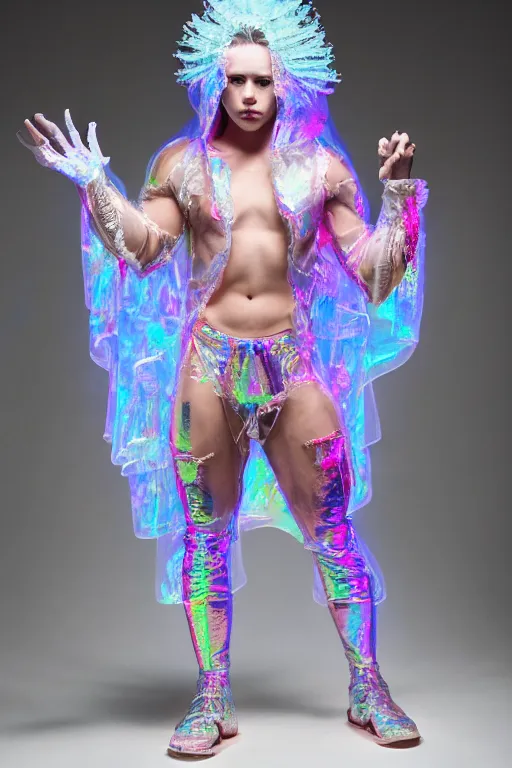 Image similar to full-body rococo and cyberpunk delicate neon crystalline sculpture of ((muscular albino prince Nick Jonas)) (((con la piroca dura))) as an iridescent humanoid deity wearing a thin see-through ((plastic hooded cloak)) sim roupa (holding a human skull), reclining con (((las piernas abiertas))), glowing pink face, crown of (white lasers), large diamonds, swirling black silk fabric. futuristic elements. oozing glowing liquid, full-length view. space robots. intricate artwork by caravaggio. Trending on artstation, octane render, cinematic lighting from the right, hyper realism, octane render, 8k, depth of field, 3D