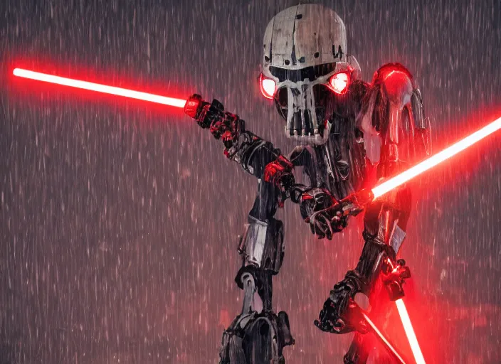 Image similar to portrait photo of general grievous with arms holding 4 activated red lightsabers in the rain. cyberpunk horror style.