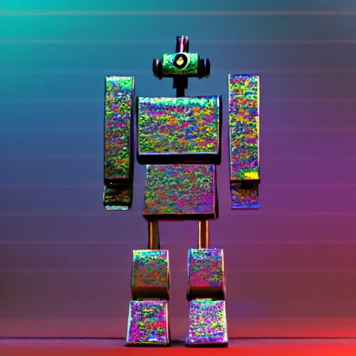 Prompt: iridescent metal retro robot made out of simple geometric shapes. tilt shift photography. award winning